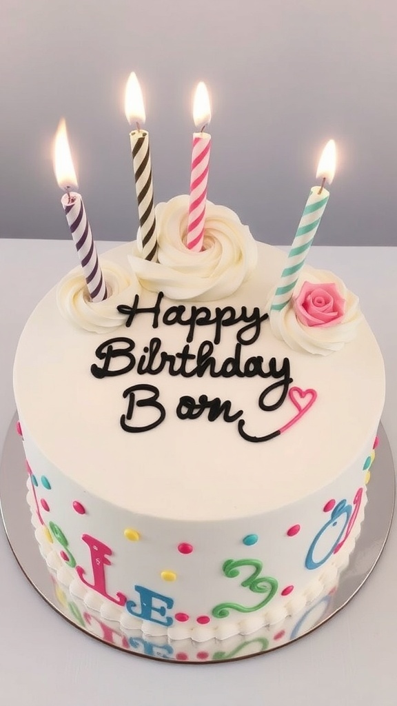 A beautifully decorated birthday cake with colorful frosting, candles, and a personalized message.
