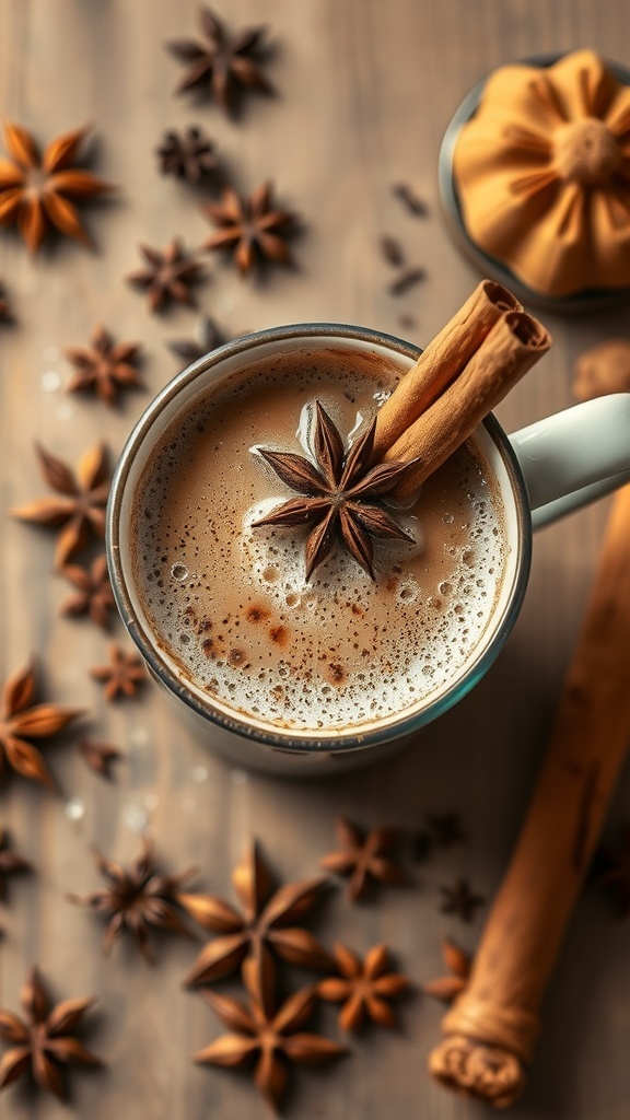 A cup of chai-spiced coffee topped with a cinnamon stick and star anise, surrounded by star anise and cinnamon on a wooden surface.