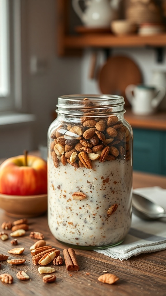 A jar of chai-spiced overnight oats topped with nuts and an apple in the background.