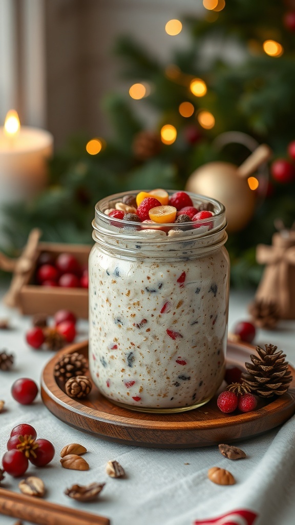 A jar of chai-spiced overnight oats topped with fruits and nuts, surrounded by festive decorations.