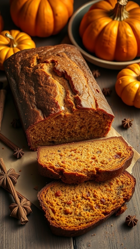 A loaf of chai-spiced pumpkin bread with slices cut, surrounded by small pumpkins and spices.