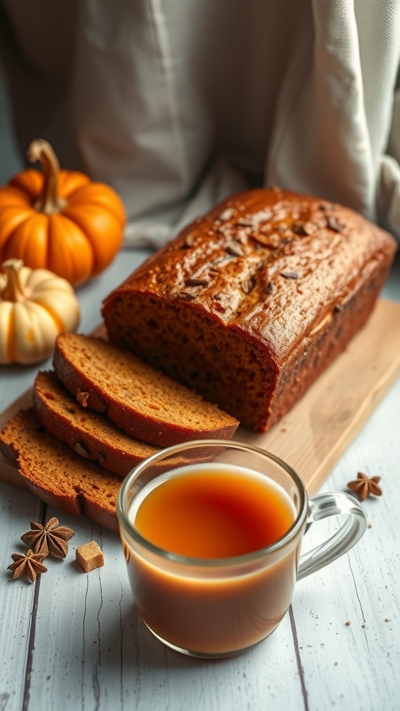 Chai-Spiced Pumpkin Bread with a cup of chai and decorative pumpkins