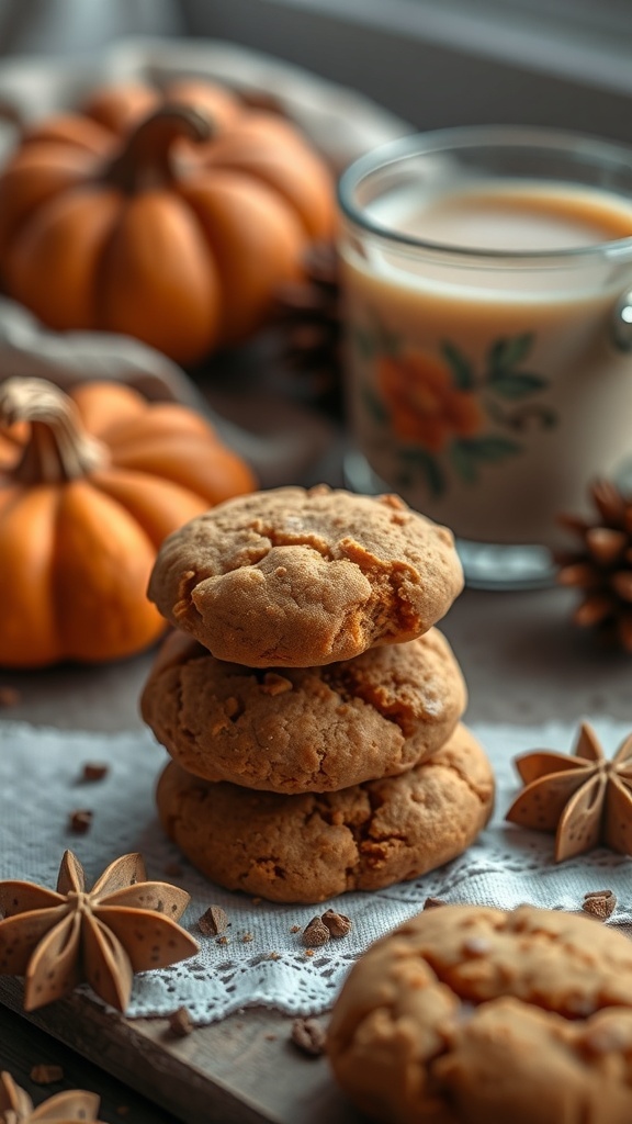 Chai-spiced pumpkin cookies stacked with small pumpkins and a cup of chai in the background