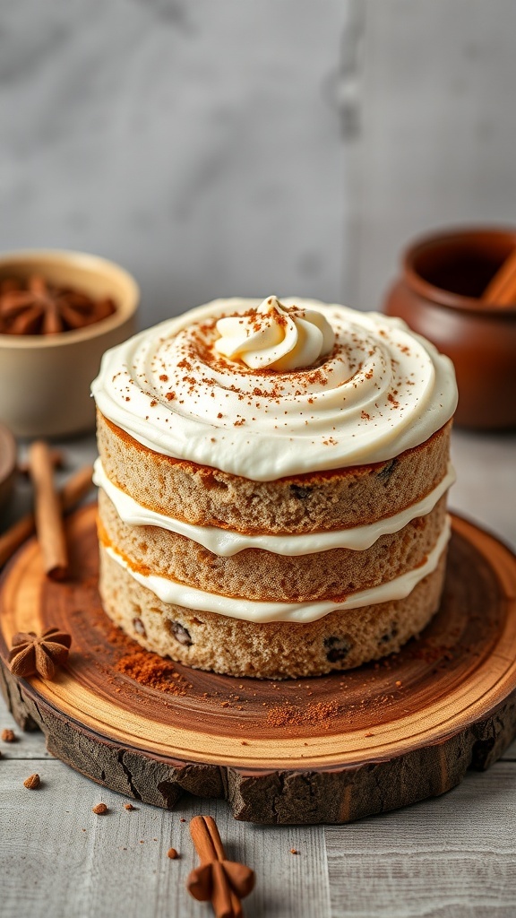 A three-layer chai latte cake with cream cheese frosting, topped with a swirl of frosting and sprinkled with cinnamon, displayed on a wooden platter.