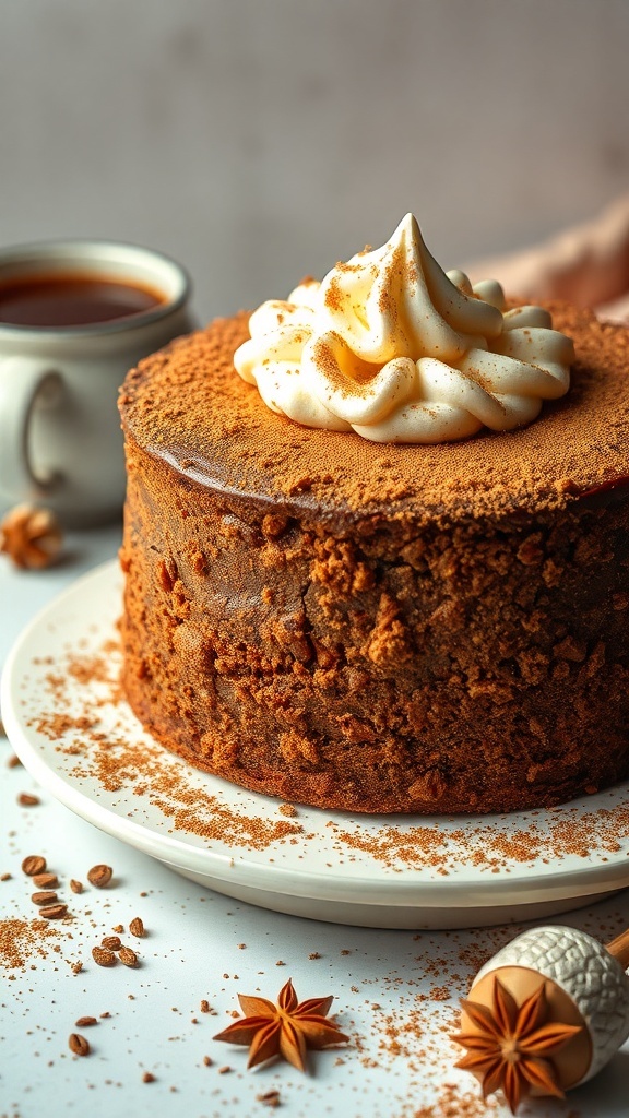 Chai spice cake topped with cinnamon cream and surrounded by spices
