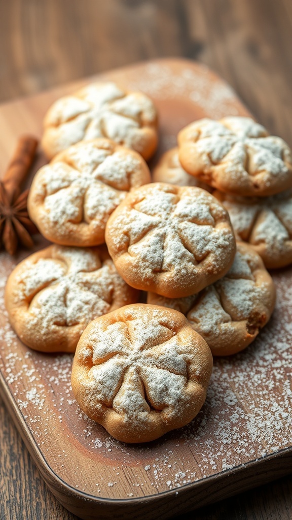 A plate of chai spice cookies dusted with powdered sugar, surrounded by cinnamon sticks.