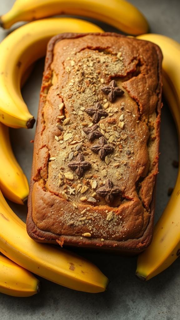 A loaf of chai spiced banana bread surrounded by ripe bananas.