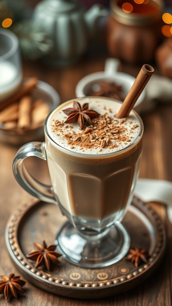 Chai tea smoothie topped with cinnamon and star anise in a cozy setting