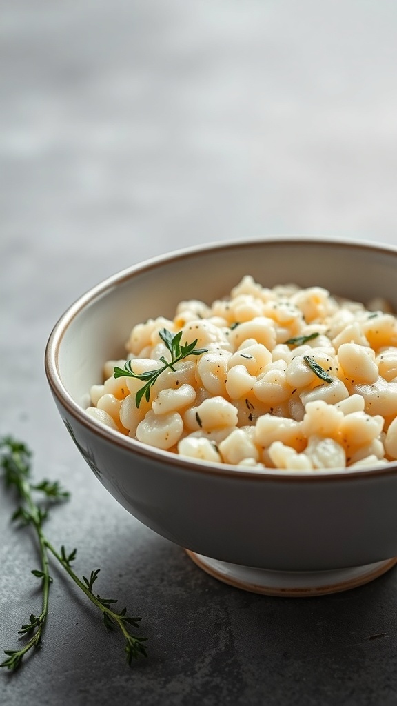 A bowl of creamy champagne risotto garnished with fresh herbs