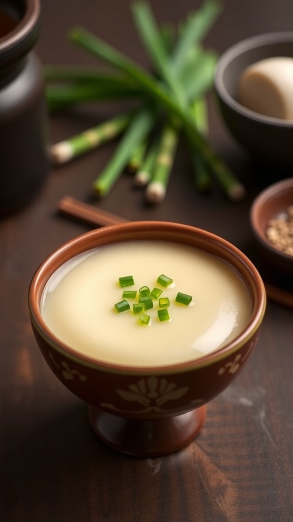 A bowl of chawanmushi, a savory Japanese egg custard, topped with green onions.