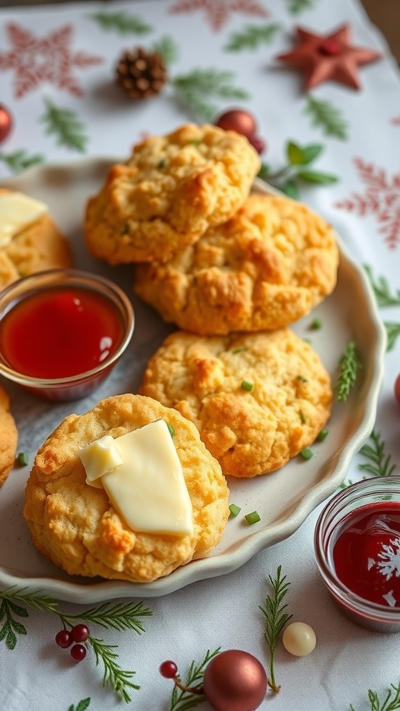 Cheddar and chive biscuits on a festive plate with butter and jam