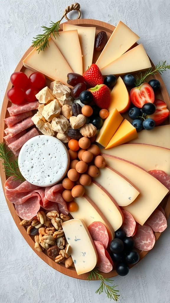 A cheese and charcuterie board featuring various cheeses, meats, nuts, and fruits.