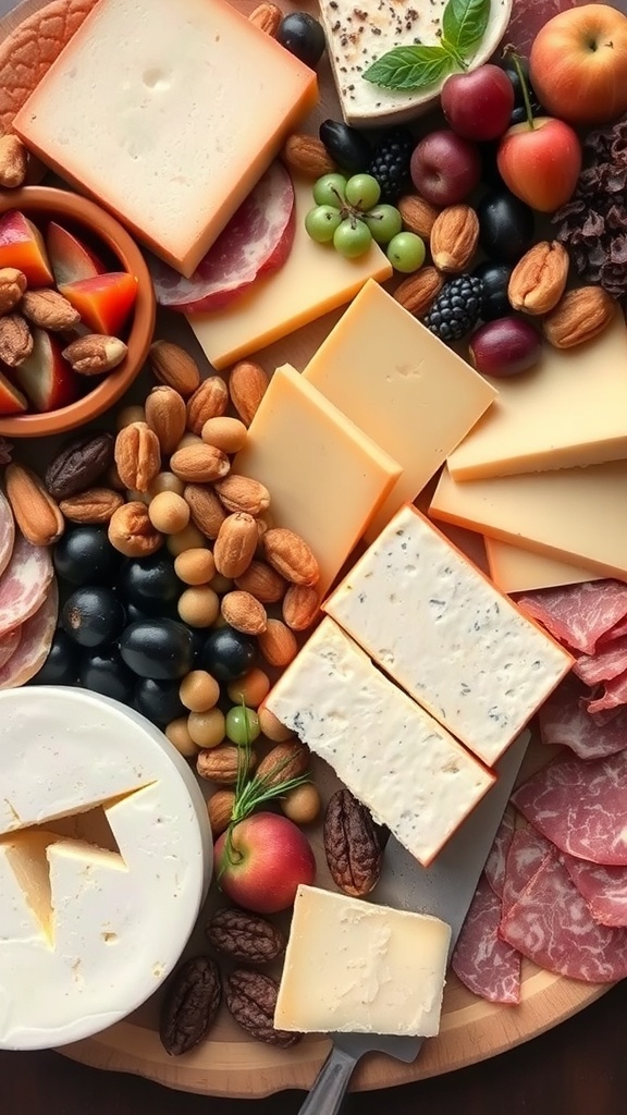 A beautifully arranged cheese and charcuterie board featuring various cheeses, cured meats, nuts, fruits, and olives.