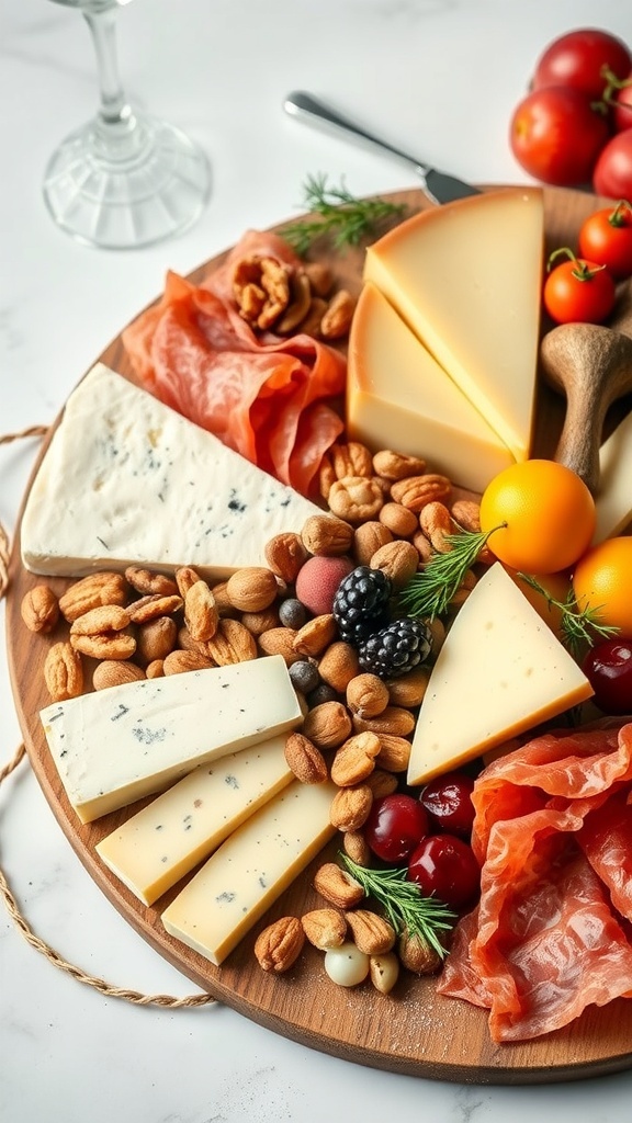 A beautifully arranged cheese and charcuterie board featuring various cheeses, cured meats, nuts, and fresh fruits.