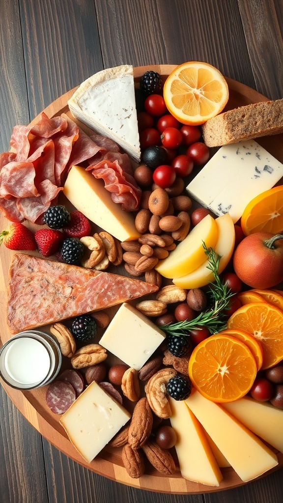 A beautifully arranged cheese and charcuterie board featuring various cheeses, cured meats, fruits, and nuts.