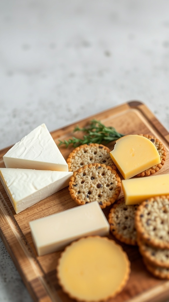 An assortment of cheeses and whole grain crackers on a wooden board