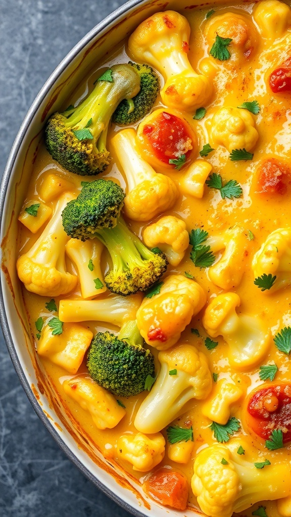 A close-up of a cheesy broccoli and cauliflower bake, featuring vibrant green broccoli and creamy cauliflower in a rich cheese sauce, garnished with fresh herbs.