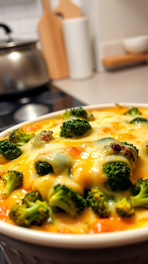 Cheesy broccoli and egg casserole in a baking dish, topped with melted cheese and fresh broccoli
