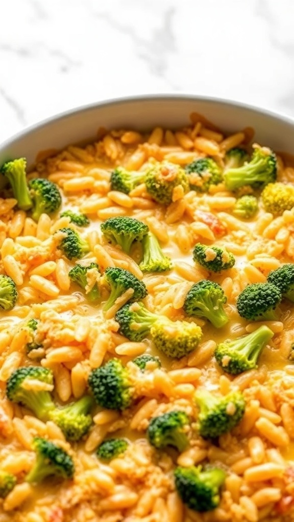 A close-up of cheesy broccoli and rice casserole with broccoli florets and pasta.