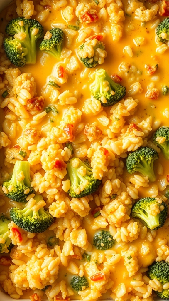 A close-up of cheesy broccoli and rice casserole with broccoli florets and melted cheese.