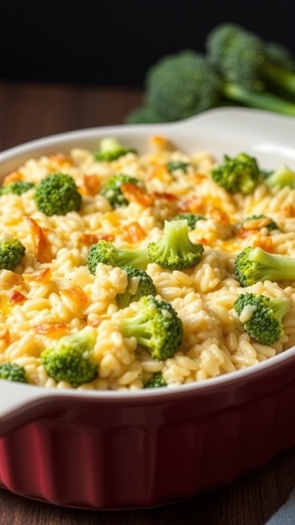 A delicious cheesy broccoli and rice casserole in a red baking dish.
