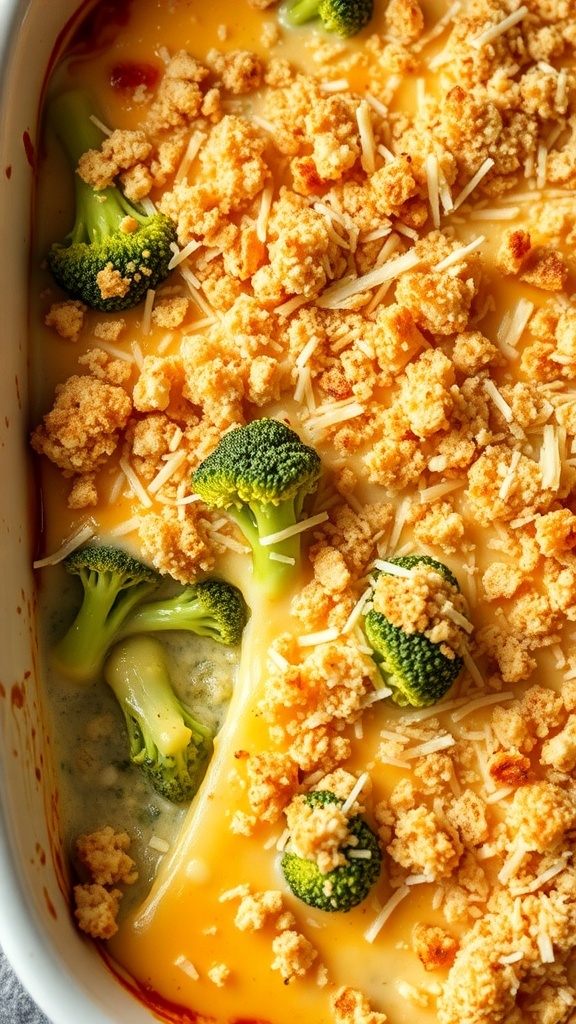 A delicious Cheesy Broccoli Casserole topped with crushed crackers and cheese, showcasing vibrant broccoli florets.
