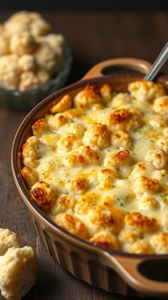 A delicious Cheesy Cauliflower Gratin in a baking dish, topped with golden cheese and fresh parsley.