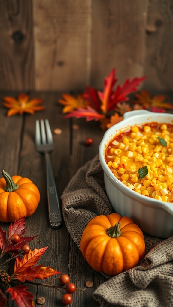 A warm cheesy corn casserole surrounded by pumpkins and fall leaves on a wooden table.