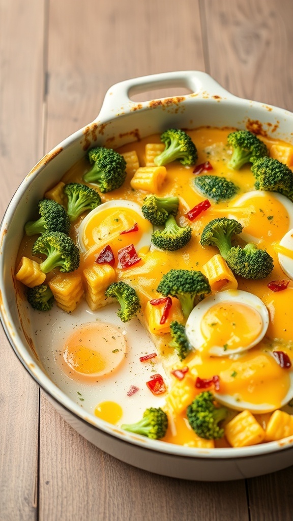 A cheesy egg and broccoli bake in a white dish, featuring broccoli, cheese, and eggs, on a wooden table.