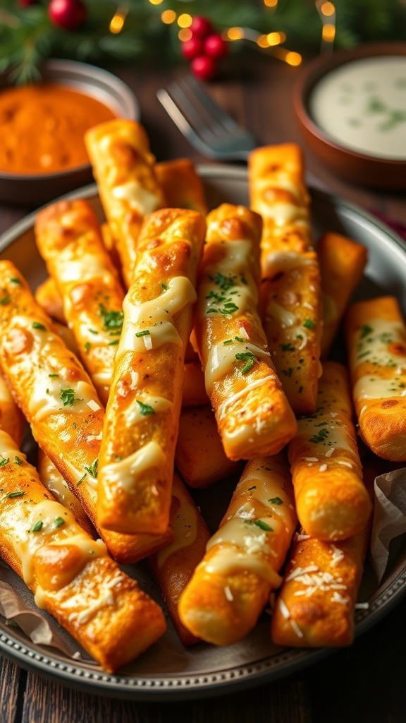 A plate of cheesy garlic breadsticks, golden and topped with melted cheese and parsley, served with dipping sauces.