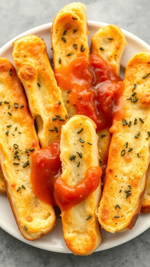A plate of cheesy garlic breadsticks with marinara sauce