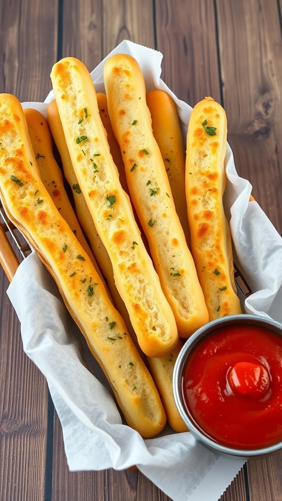 Cheesy garlic breadsticks served with marinara sauce