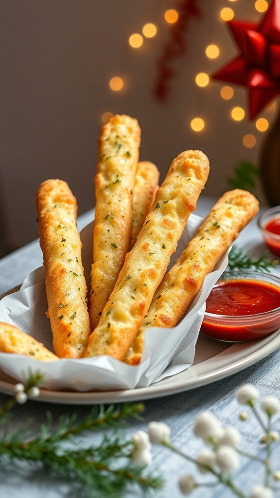 A plate of cheesy garlic breadsticks served with marinara sauce