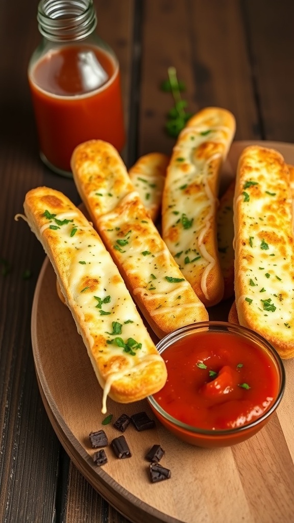 Cheesy garlic breadsticks served with marinara sauce