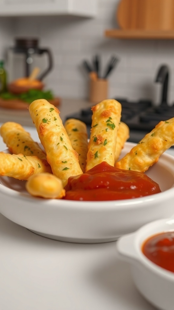 Cheesy garlic breadsticks served with marinara sauce