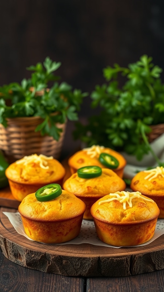 A platter of cheesy jalapeño cornbread muffins topped with jalapeño slices and cheese, surrounded by fresh herbs.