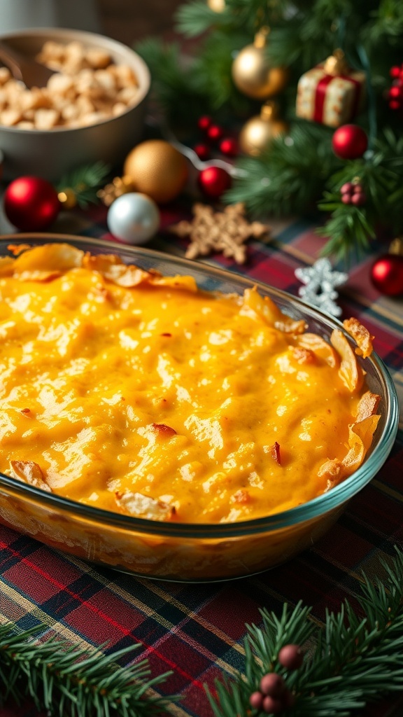 A cheesy potato breakfast casserole in a glass dish, surrounded by festive decorations for Christmas.