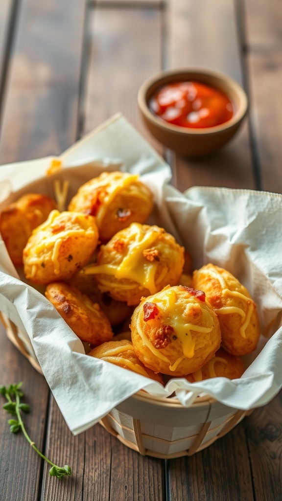 A basket of cheesy potato puffs with a side of ketchup.