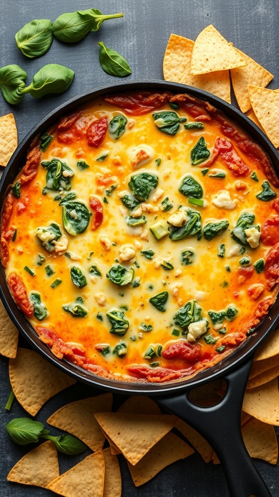 A skillet filled with cheesy spinach and artichoke dip, surrounded by tortilla chips and fresh spinach leaves.