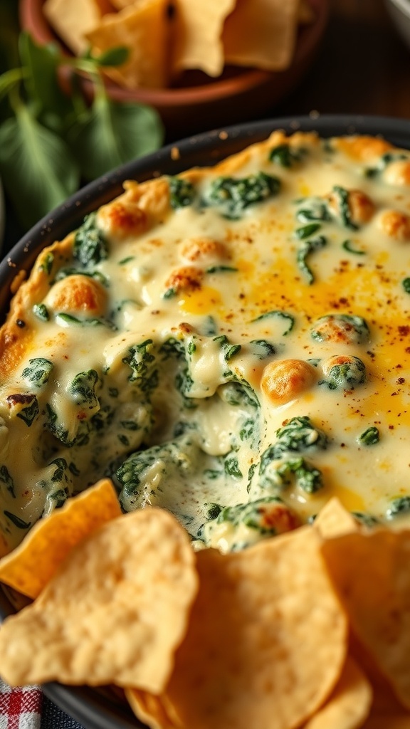 A warm cheesy spinach and artichoke dip served with tortilla chips