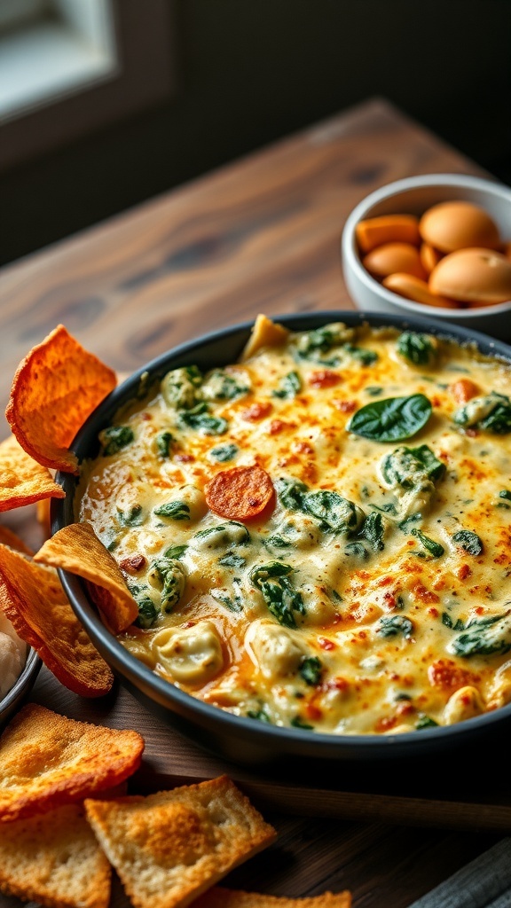 A bubbling dish of cheesy spinach and artichoke dip with crispy chips on the side.