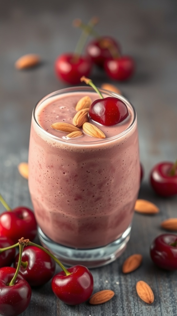 A glass of Cherry Almond Bliss smoothie topped with almonds and a cherry, surrounded by fresh cherries.