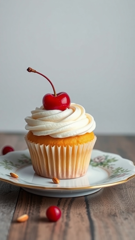A beautifully decorated cherry almond cupcake topped with a cherry, sitting on a floral plate.