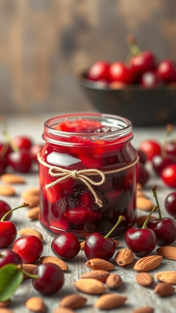 A jar of cherry almond jam surrounded by fresh cherries and almonds.