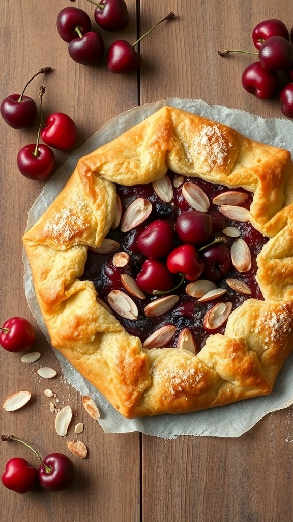 A delicious cherry almond puff pastry galette with fresh cherries and sliced almonds on a wooden table.