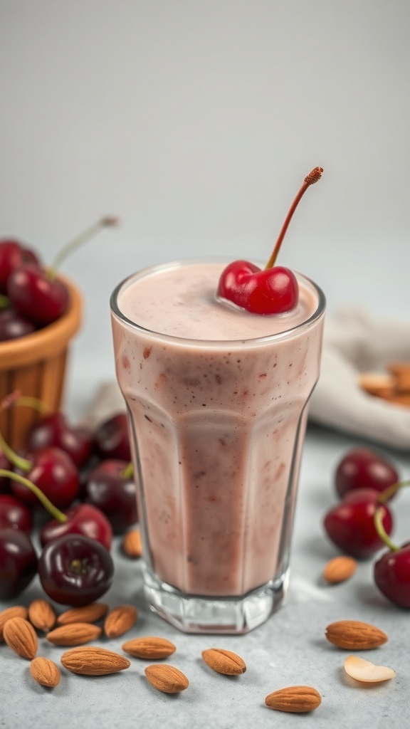 A glass of cherry almond smoothie topped with a cherry, surrounded by fresh cherries and almonds.