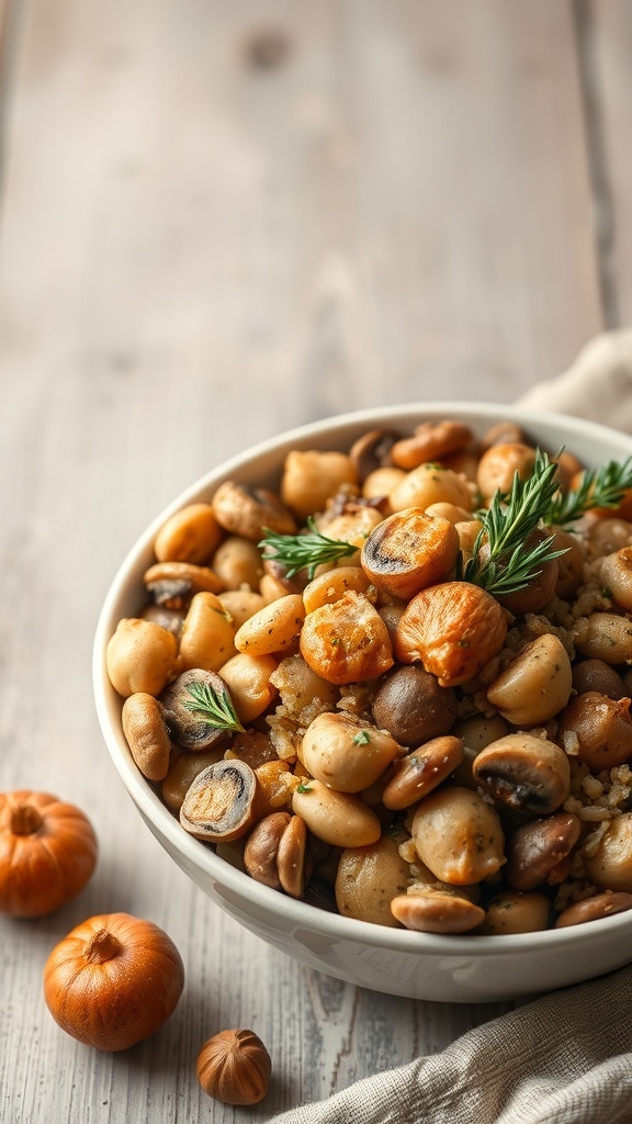 A bowl of chestnut and mushroom stuffing garnished with fresh herbs, surrounded by small pumpkins.