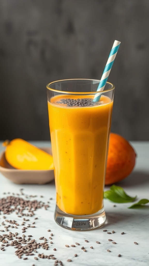 A tall glass of mango smoothie topped with chia seeds and a striped straw, with mango slices and chia seeds scattered around.