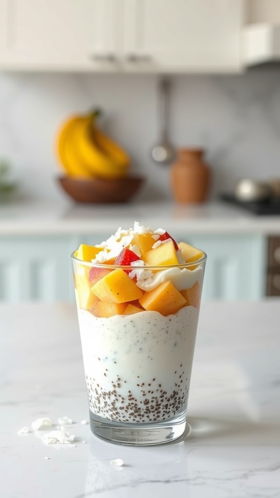 A glass of chia seed pudding topped with mango and apple pieces, with bananas in the background.