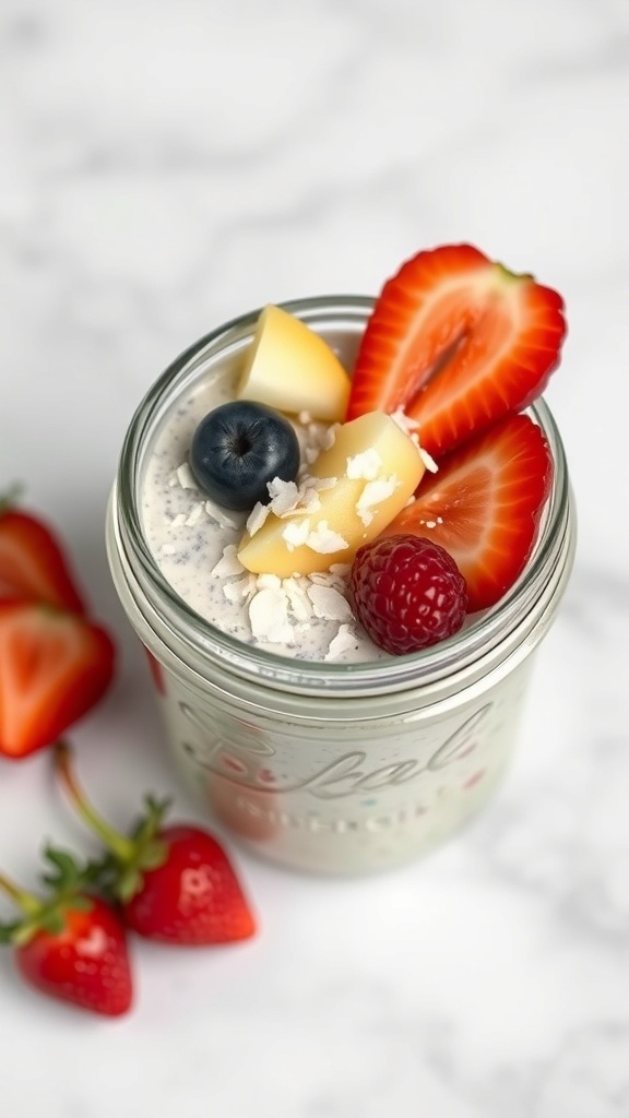 A jar of chia seed pudding topped with strawberries, blueberries, and coconut flakes.